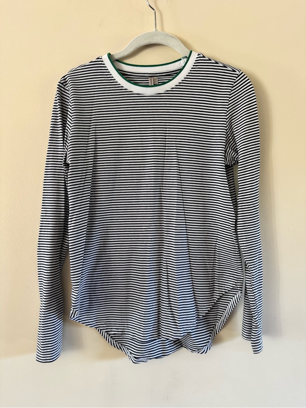 Banana Republic Black & White Striped Long-Sleeve Crewneck with Green Trim